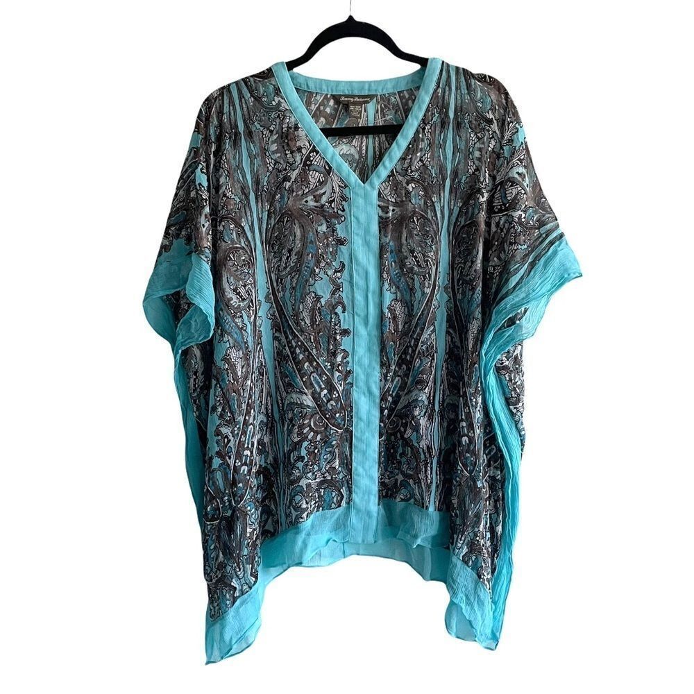TOMMY BAHAMA Silk Oversized Tunic Blouse Coverup Print Turquoise
